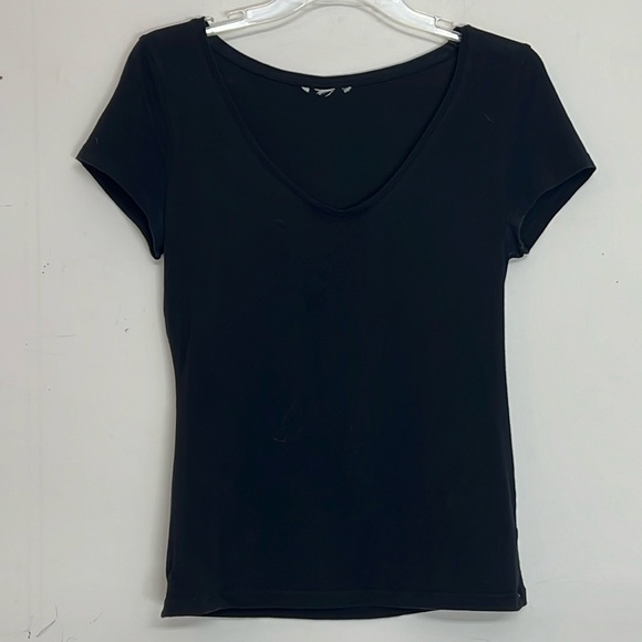 🌞 Black v-neck scoop neck combo short cup sleeves pullover top S - Picture 1 of 15